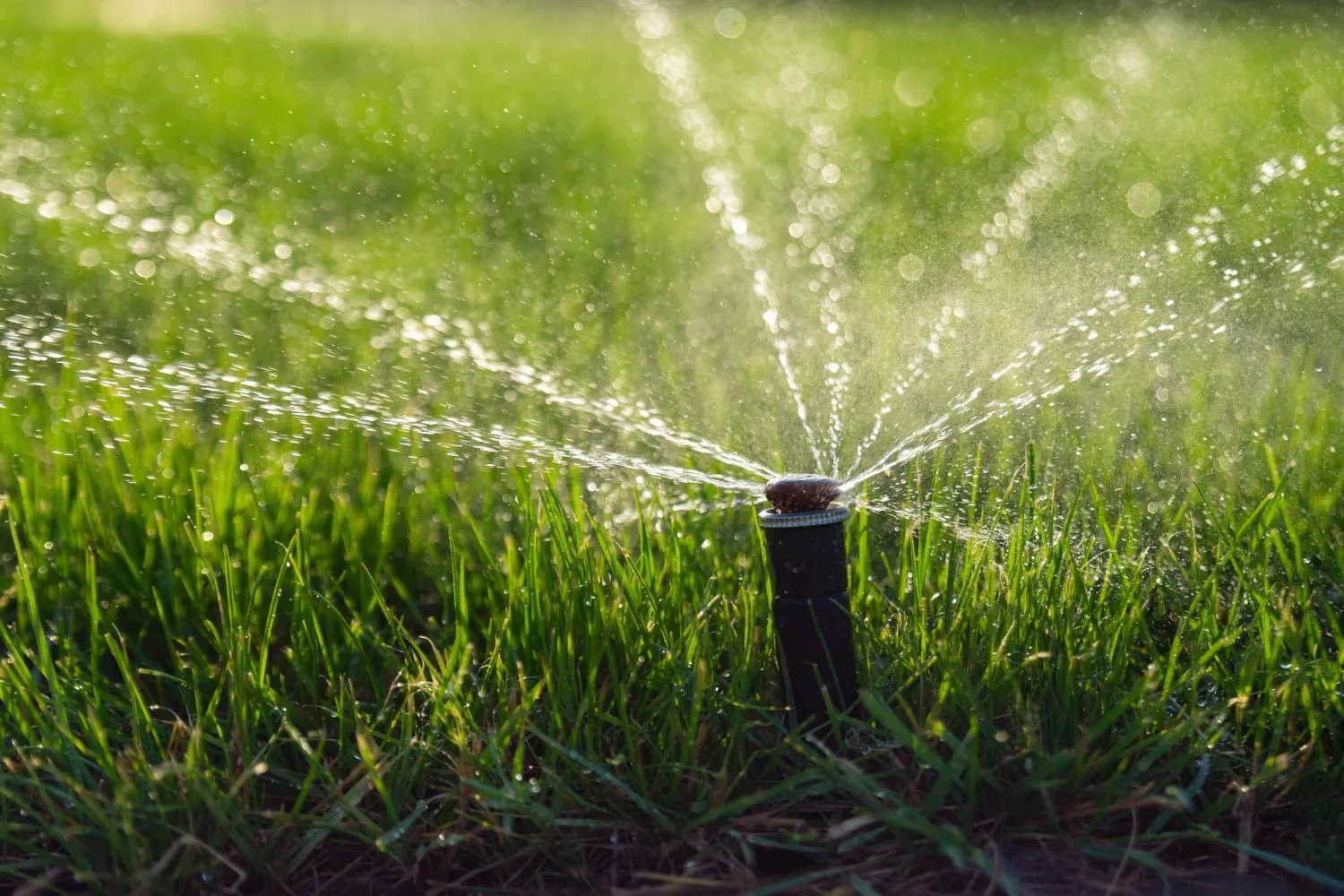 A sprinkler watering a healthy lawn in warm sunlight.