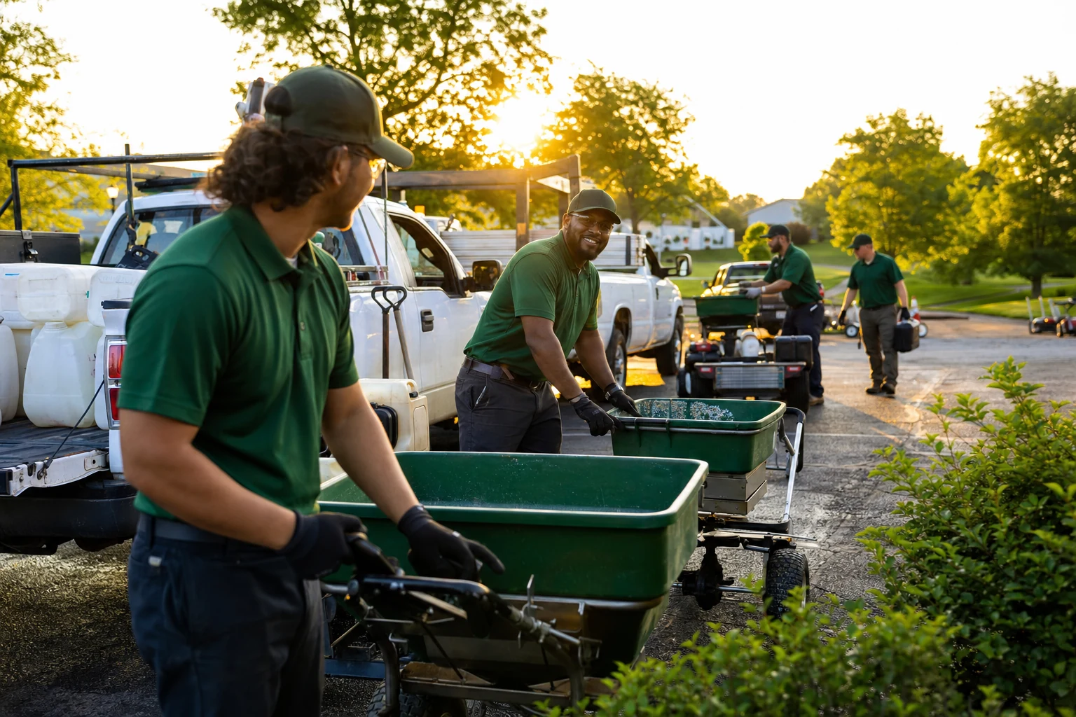 Professional lawn care crew preparing equipment for the workday