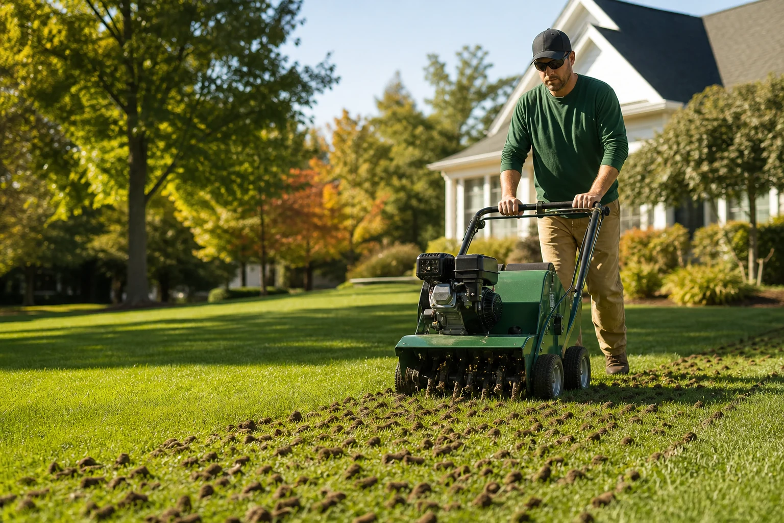Professional core aeration on an Evansville lawn