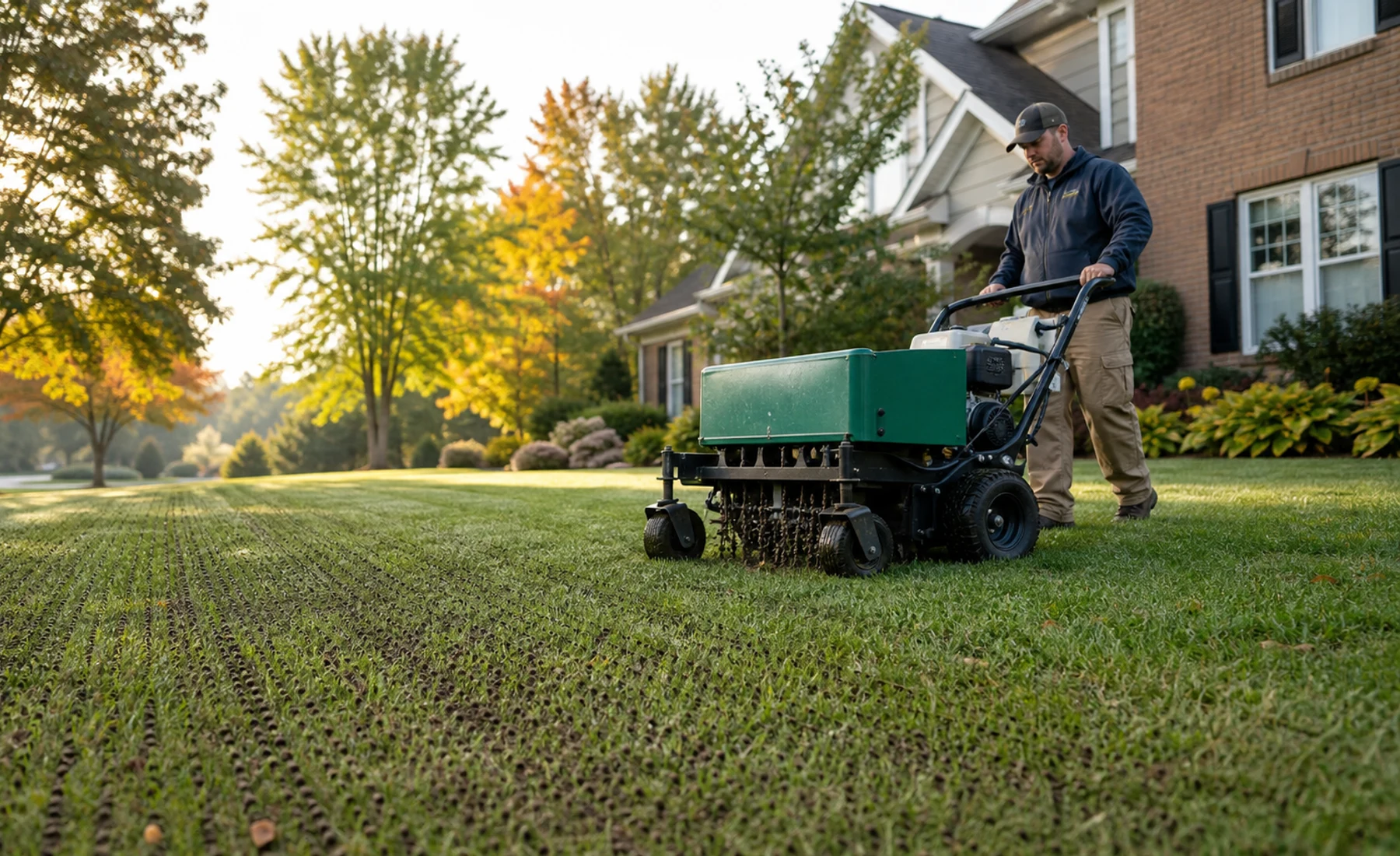 Lawn technician overseeding during Southern Indiana's ideal fall window