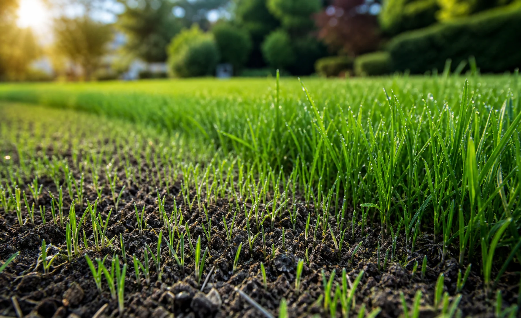 New grass seedlings establishing a thicker, healthier lawn