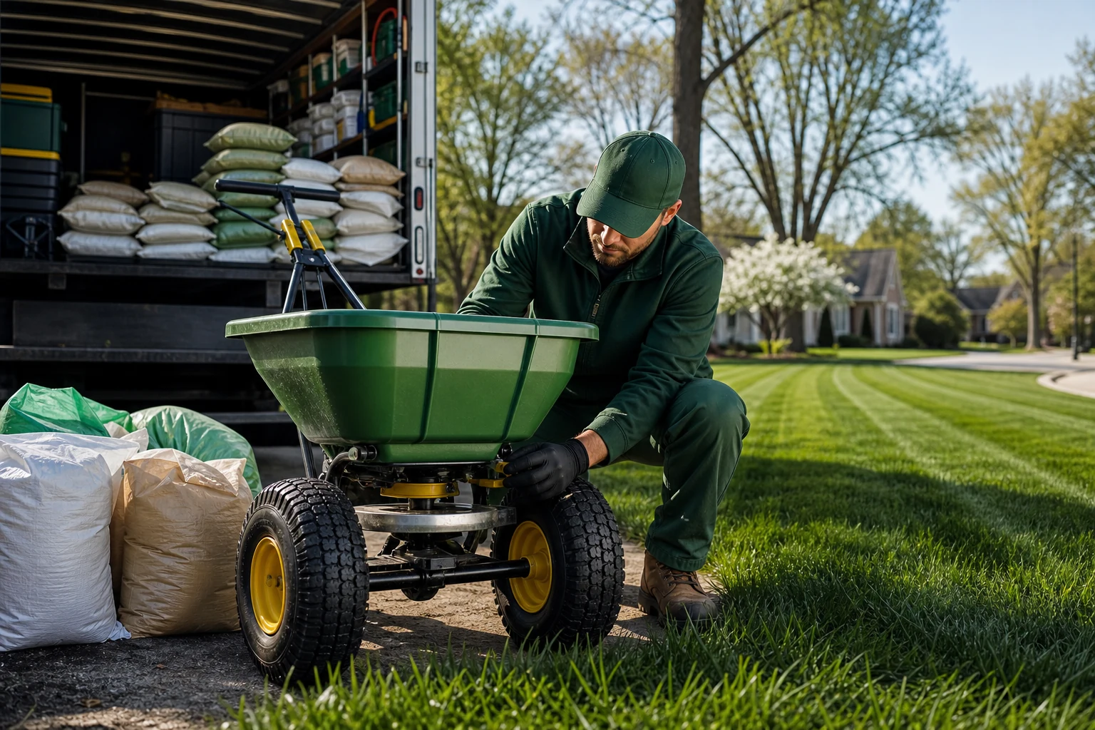 Lawn technician calibrating professional treatment equipment