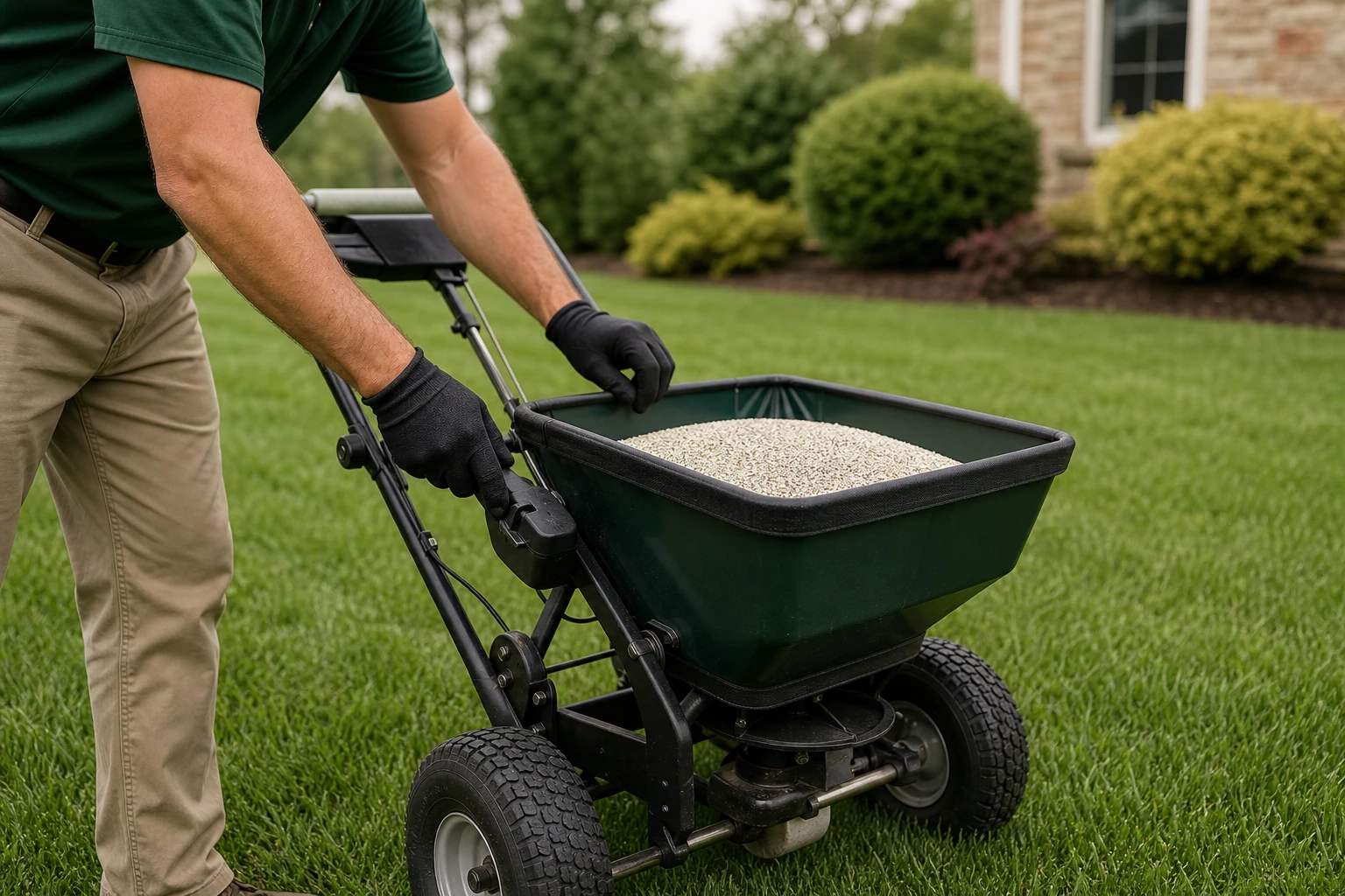 Professional lawn technician calibrating a broadcast spreader on healthy turf