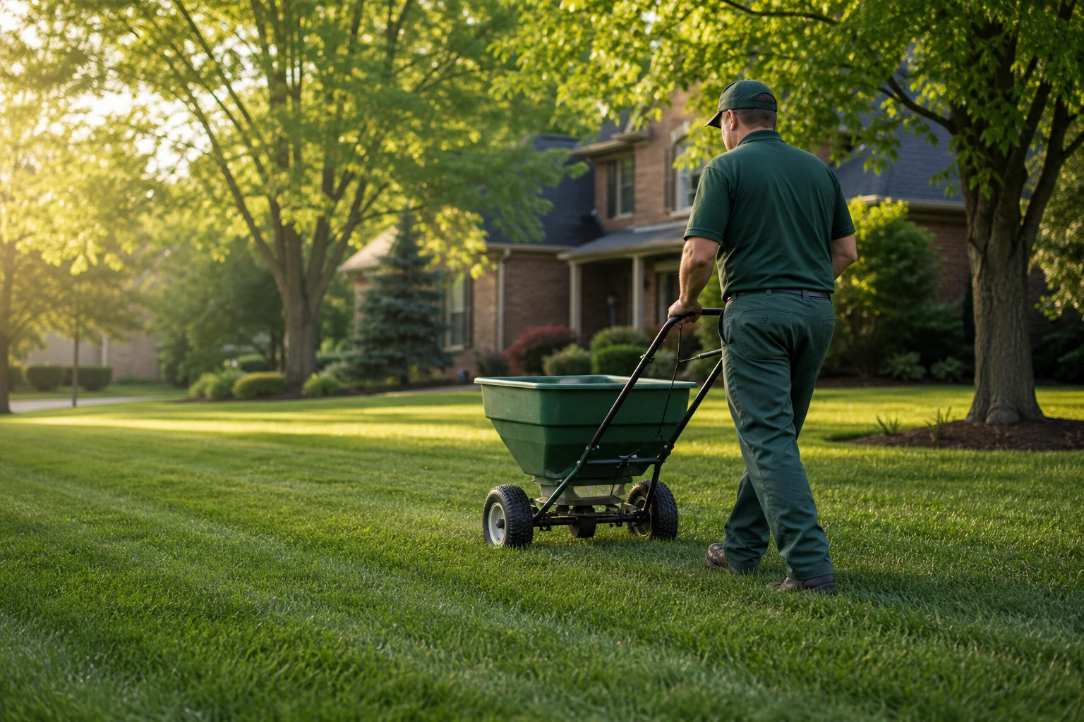 Professional lawn care technician applying granular treatment to an Evansville-area lawn
