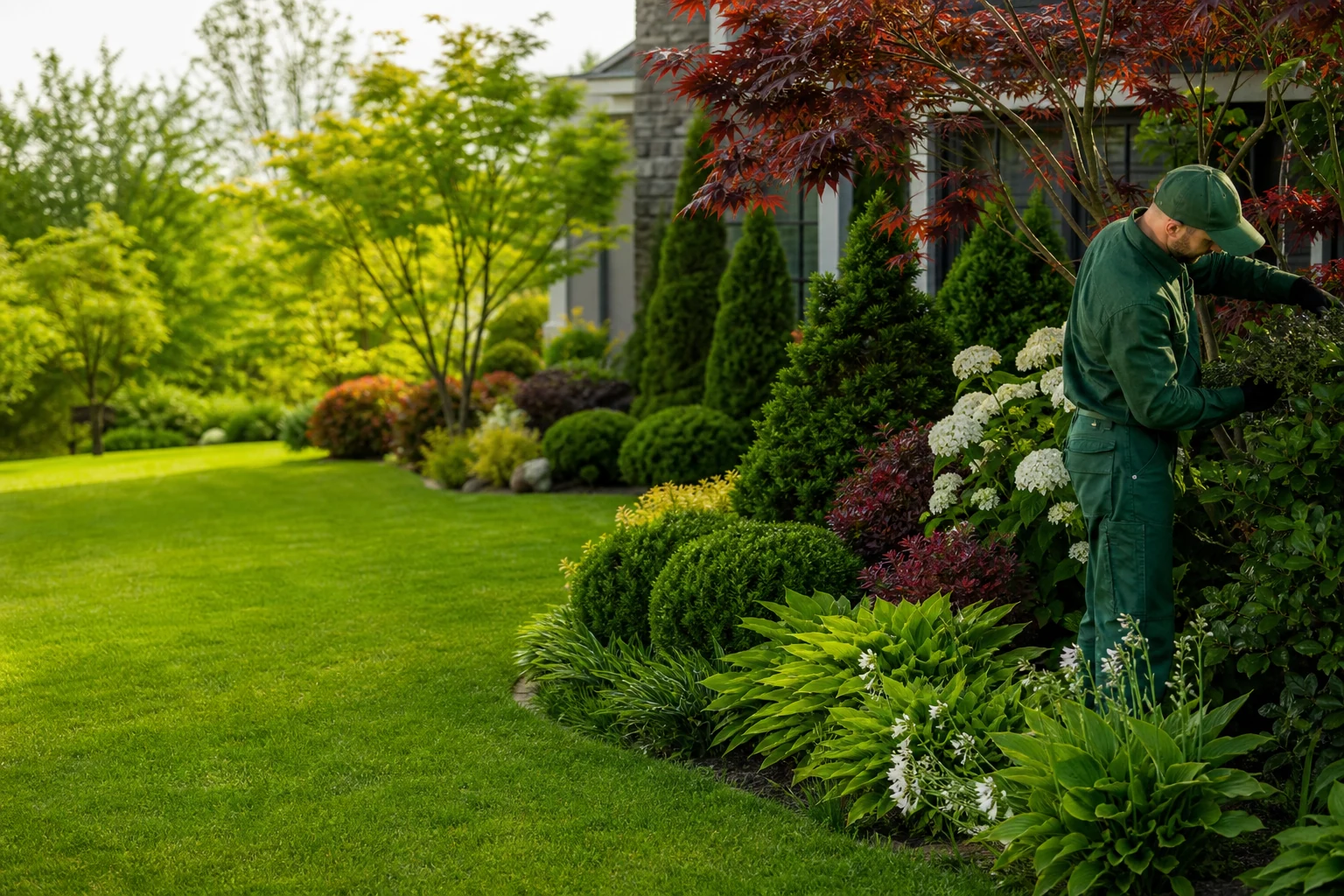 Lush Evansville ornamental landscape with a professional inspecting plants