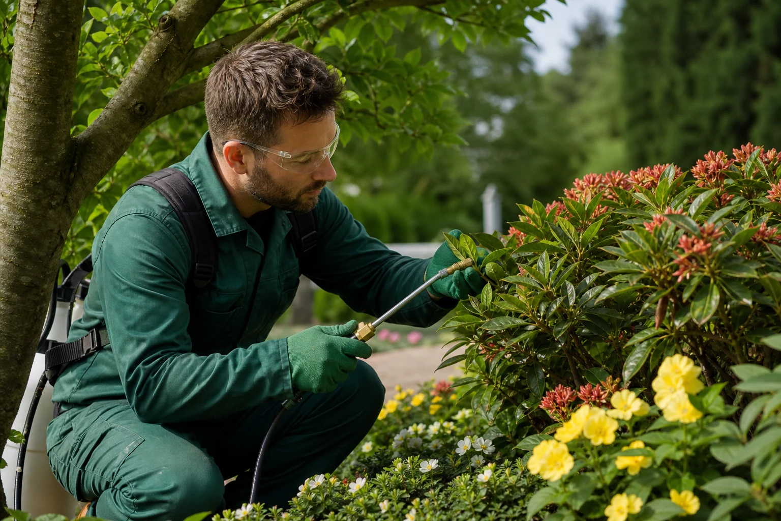 Technician applying a targeted treatment to ornamental shrubs