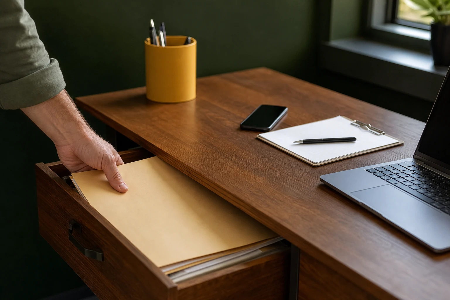 Customer records being placed securely into an office drawer