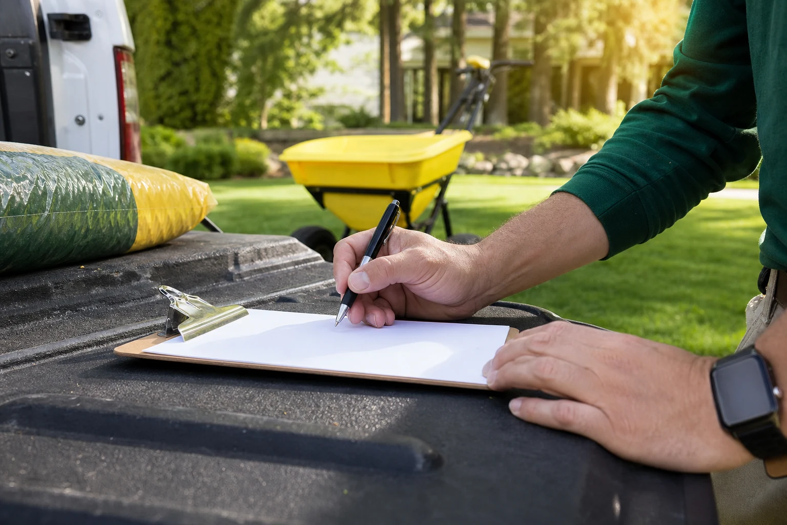 Professional lawn service agreement on a work truck at a property