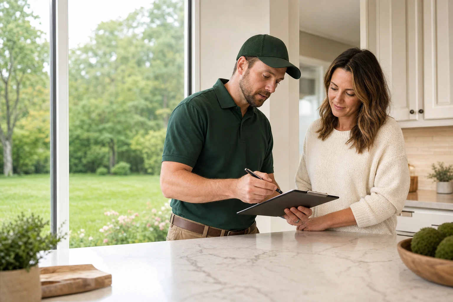 Lawn care professional reviewing a service agreement with a homeowner